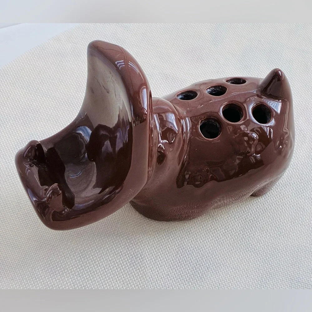 Vintage House Hippo Brown Ceramic 6 Slot Pen Toothbrush Brush Caddy unique